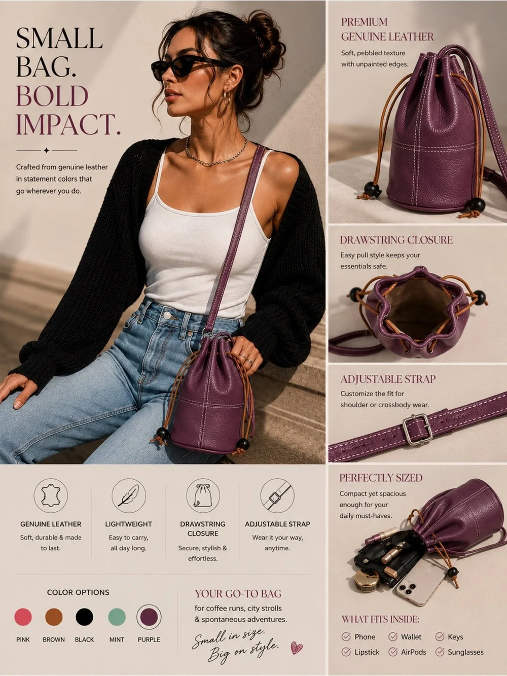 Genuine Leather Drawstring Bucket Bag — Purple